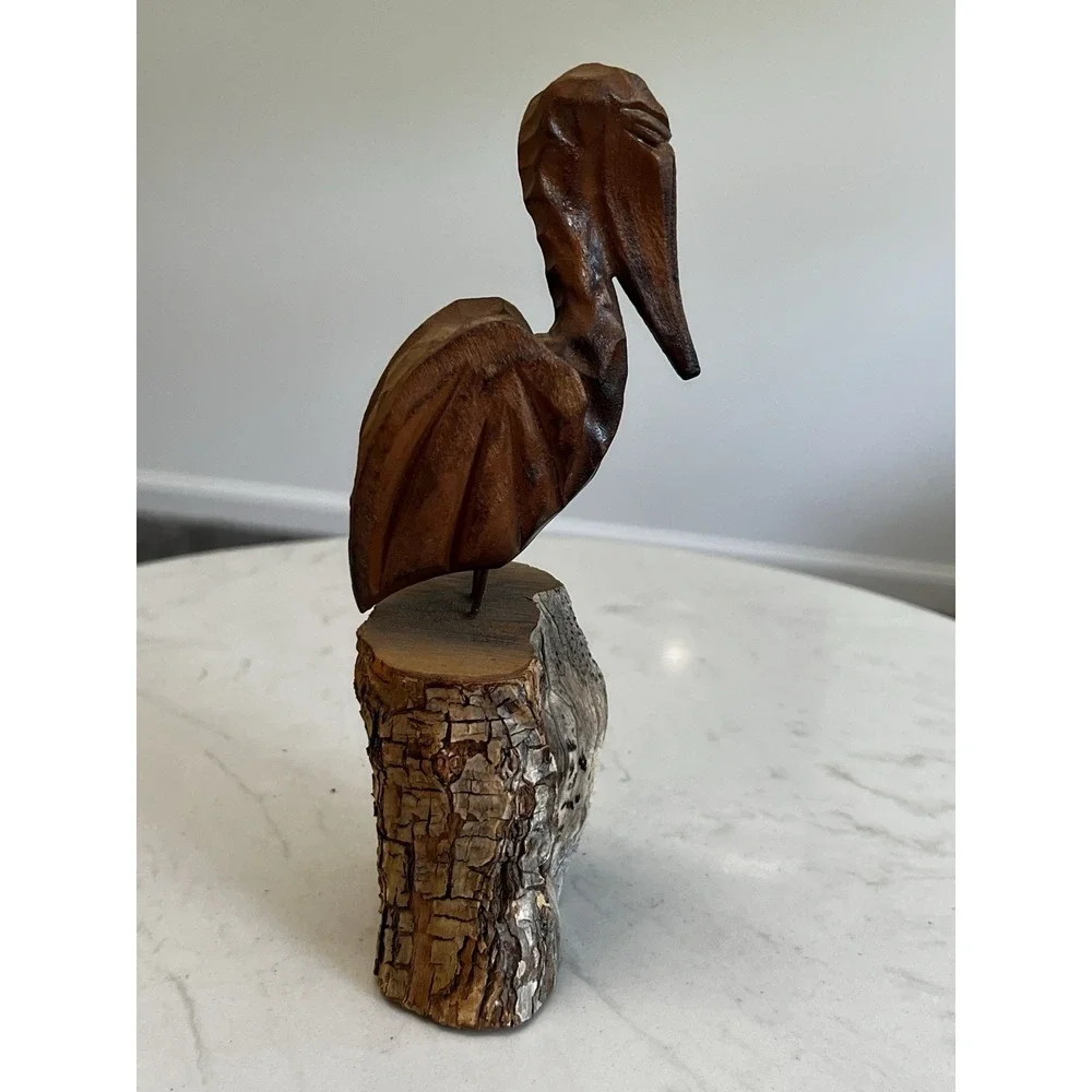 Vtg Hand Carved Wood Pelican Sculpture Driftwood Coastal Nautical Folk Art